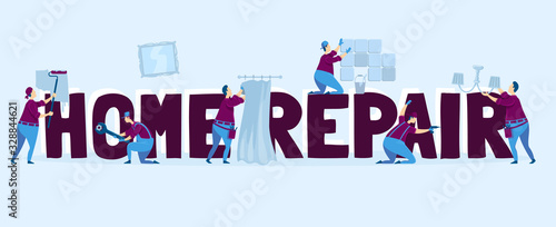 Home repair word concepts flat color vector banner. Decorating interior. Handyman services. Isolated typography with tiny cartoon characters. House renovation creative illustration on blue