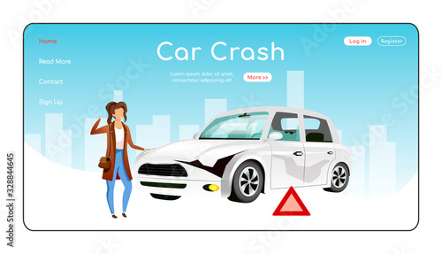 Car crash landing page flat color vector template. Traffic regulations homepage layout. Emergency service one page website interface with cartoon character. Property insurance web banner, webpage