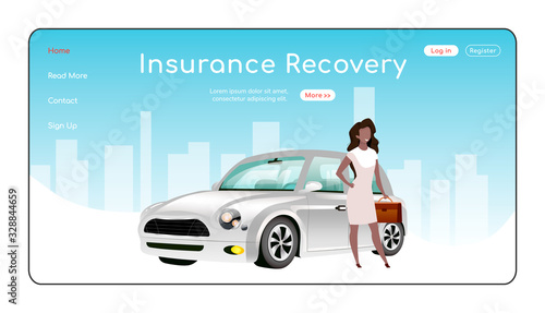 Insurance recovery landing page flat color vector template. Assurance company homepage layout. Legal service one page website interface with cartoon character. Insurance coverage web banner, webpage