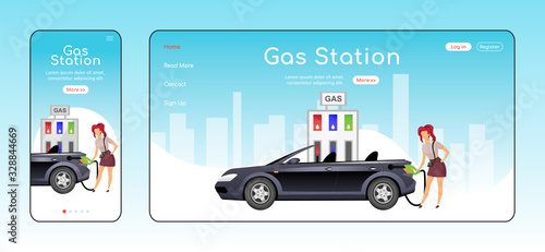Gas station responsive landing page flat color vector template. Petrol sale network homepage layout. One page website UI with cartoon character. Car refueling adaptive webpage cross platform design © The img