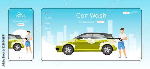 Car wash responsive landing page flat color vector template. Auto cleaning homepage layout. One page website UI with cartoon character. Power washer use adaptive webpage cross platform design