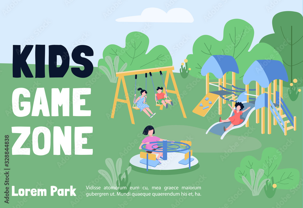 Kids game zone banner flat vector template. Brochure, poster concept design with cartoon characters. Children playground, recreative facilities horizontal flyer, leaflet with place for text