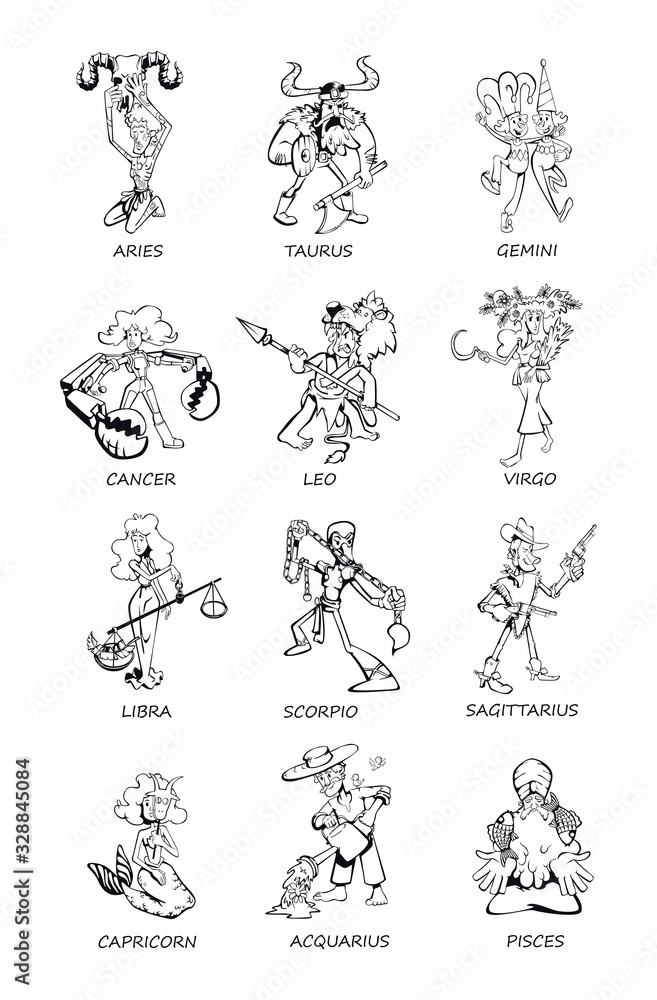 Zodiac signs people outline cartoon vector illustrations set. Aries, Virgo, Libra horoscope calendar symbols. Ready to use 2d comic character set templates for commercial, animation, printing