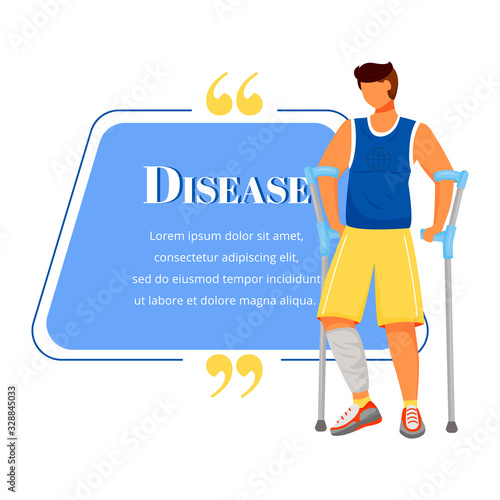 Disease flat color vector character quote. Man on crutches. Male patient with cast on leg. Broken bone, injury. Citation blank frame template. Speech bubble. Quotation empty text box design