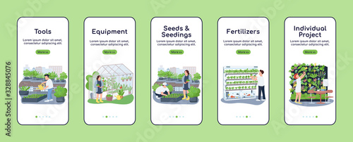 Gardening items onboarding mobile app screen flat vector template. Garden tools and seedlings. Walkthrough website steps with characters. UX, UI, GUI smartphone cartoon interface, case prints set