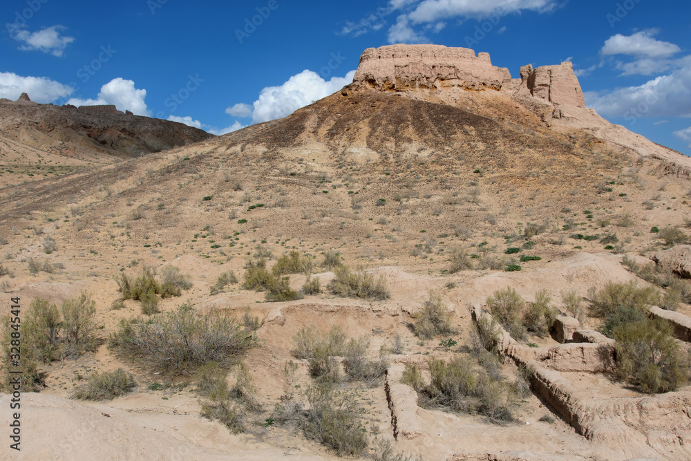 Desert landscape. Ayaz-Kala fortress (the most popular and picturesque fortress in the country). Nukus, Karakalpakstan, Uzbekistan, Kyzylkum Desert, Central Asia.