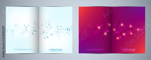 Bi-fold brochure template or cover book, page layout, flyer design with abstract background of molecular structure and DNA strand. Concept and idea for innovation technology, medicine, science
