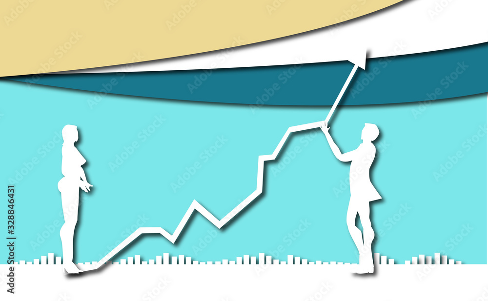 Fototapeta premium Businessman people talking about future, Paper cut design background with space for text.