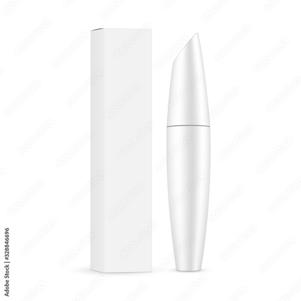 Mascara tube with packaging box mockup isolated on white background. Vector illustration
