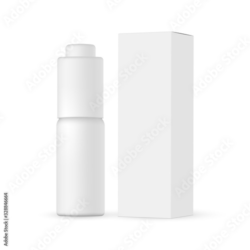 Cosmetic bottle with paper box mockup, isolated on white background. Vector illustration