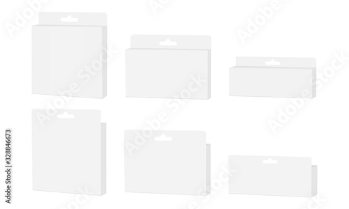 Set of packaging boxes with hang tab, isolated on white background, front and back view. Vector illustration