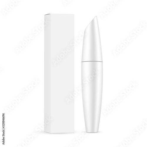 Mascara tube with packaging box mockup isolated on white background. Vector illustration