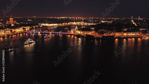 Aerial night view of Saint-Petersburg cityscape near Peter and Paul Fortress, Russia, 4k photo