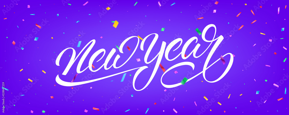 New Year Confetti background vector design. Banner with colorful particles and New Year lettering