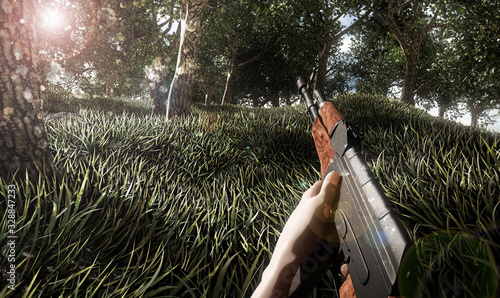 Fotografie, Obraz Realistic first person shooter war game screenshot concept - man running with ak