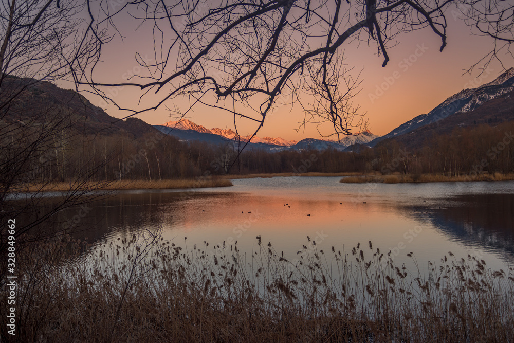 Fototapeta premium Italian lake and trees on sunset, montains with snow on background