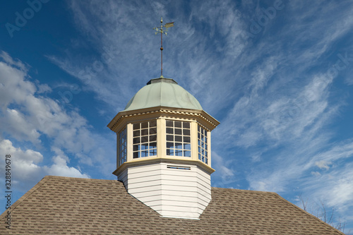 Obraz na plátně Roof line of a building with wood and copper cupola and weather vane against a c