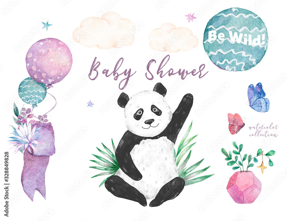 Baby panda collection. Cute little pandas. The illustrations are decorated with floral elements.