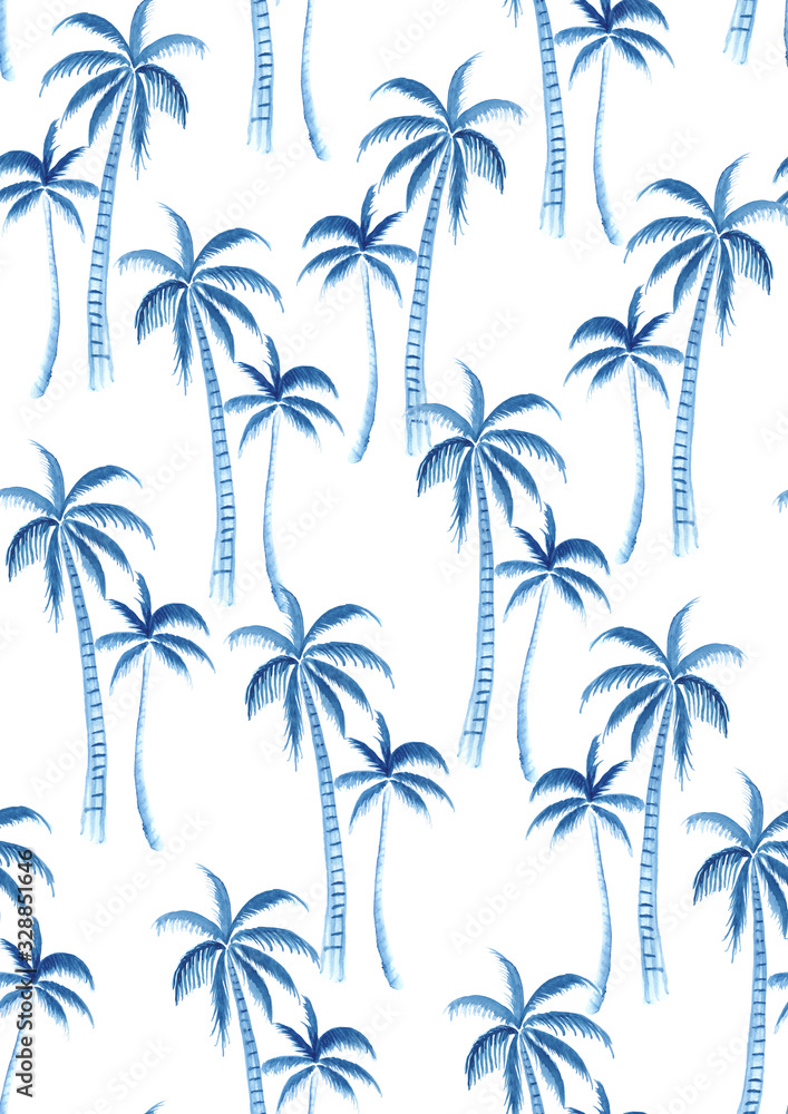 seamless pattern of hand paint watercolor blue coconut tree, natural summer illustration for fashion textile