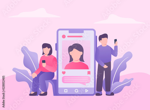 man and woman stalking profile online with smartphone device