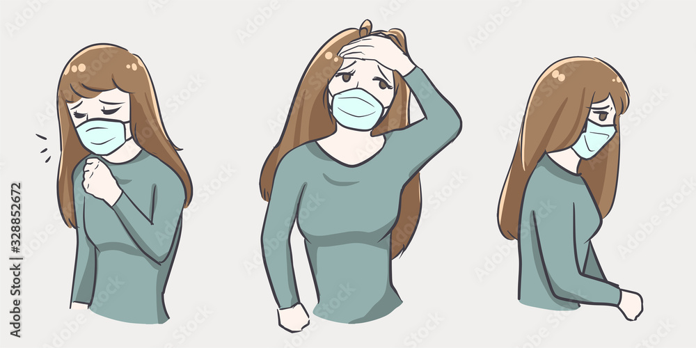 Set of sick woman wearing mask kawaii line drawing anime cartoon style  vector illustration Stock Vector | Adobe Stock