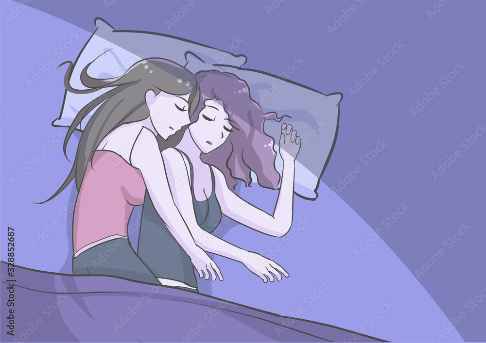 Sweet Gay Lesbian Couple Cuddling Sleeping In Bed At Night In Side View