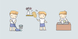 cute boy cleaning doing housework gender equality concept kawaii vector style line drawing