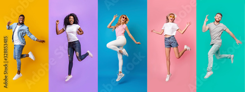 Collage of millennial jumping people of different nations on color background, panorama