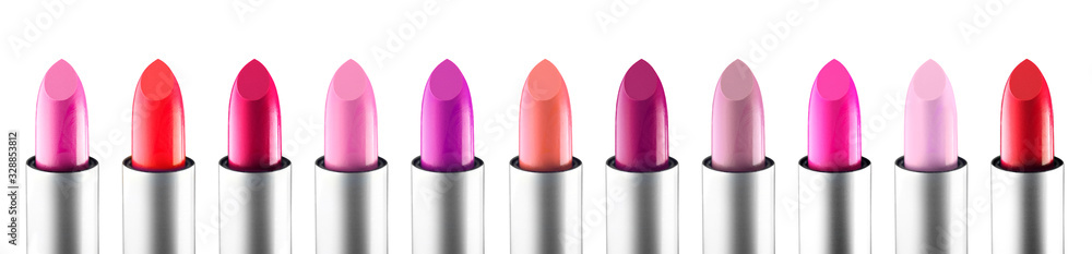 Lipstick colourful tints palette. Fashion Various colors Lipsticks isolated on white background, Professional Makeup, Beauty colorful set. Beautiful Make-up concept. Lipgloss closeup Lipstick colourful tints palette. Fashion Various colors Lipsticks isolated on white background, Professional Makeup, Beauty colorful set. Beautiful Make-up concept. Lipgloss closeup