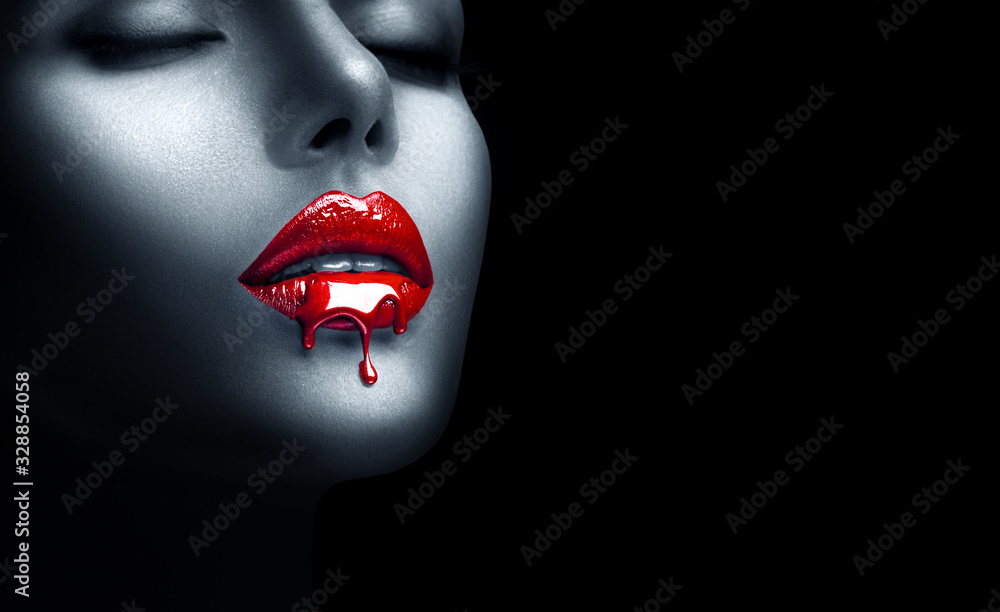 Red Lipstick dripping. Paint drips, lipgloss dripping from sexy lips, Blood  liquid drops on beautiful model girl's mouth, creative abstract make-up.  Beauty woman face makeup close up, vampire foto de Stock