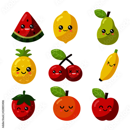 set of kawaii cartoon fruit on white background. vector Illustration.