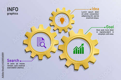 Business Infographic Template With 3 Options. Vector Gold Gear Wheels And Flat Icons, Connection Between Three Steps. Can Be Used For Workflow Layout, Presentation, Diagram, Banner, Web Design.
