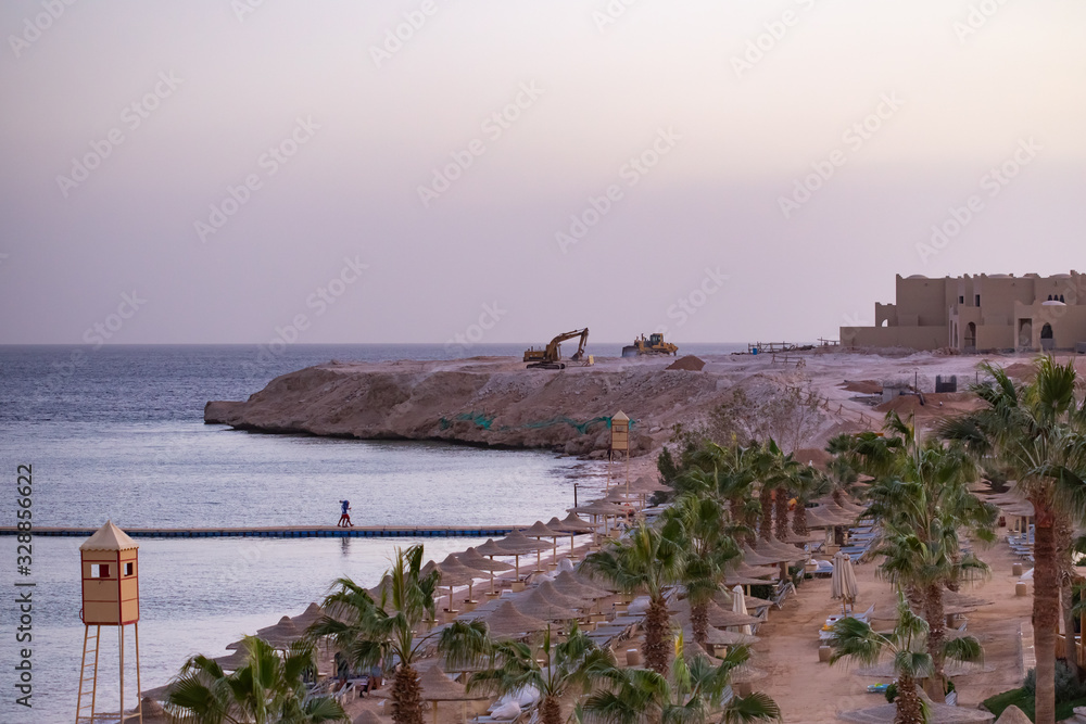 View of coastline in Egyptian resort in evening