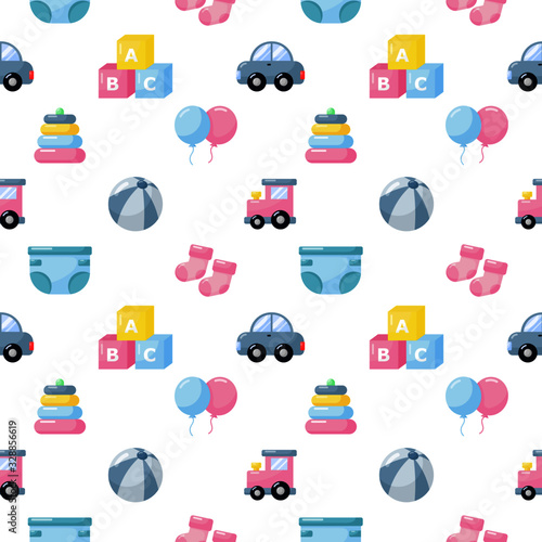 baby toys and clothes icons seamless pattern. newborn items on white background. vector Illustration.