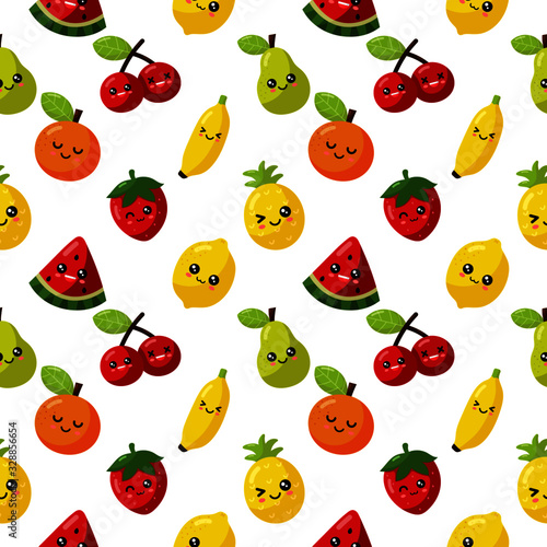 seamless pattern kawaii cartoon fruit on white background. vector Illustration.