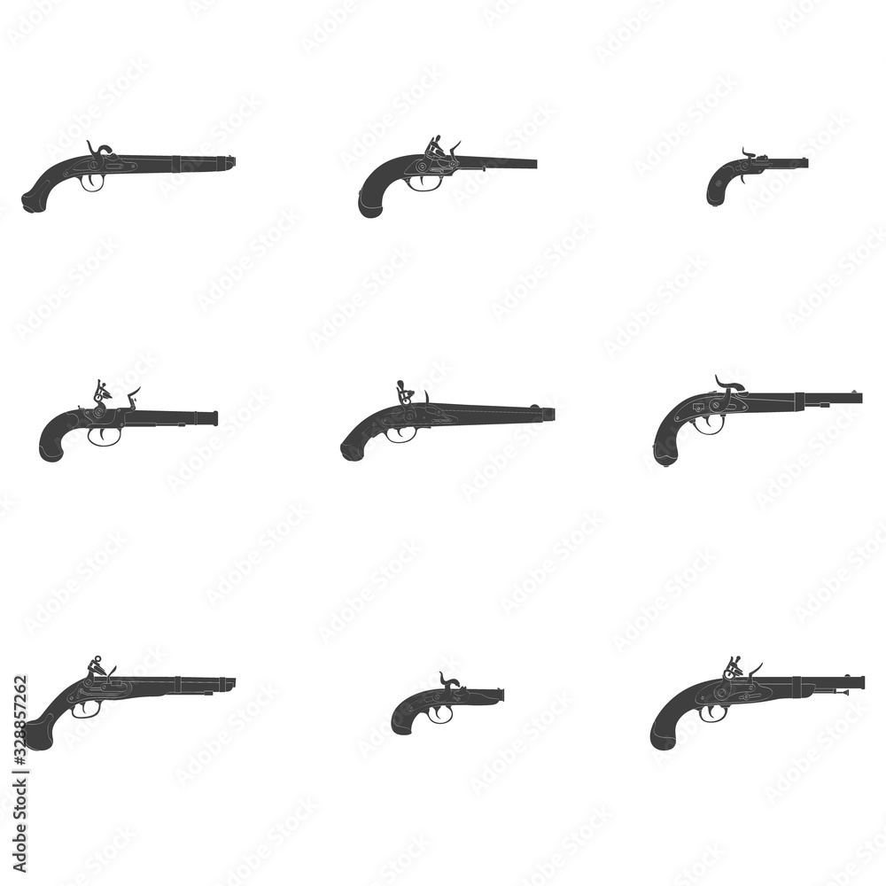 Vector monochrome icon set with old pistol guns Vector monochrome icon set with old pistol guns