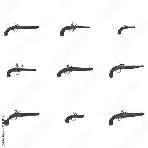 Vector monochrome icon set with old pistol guns
