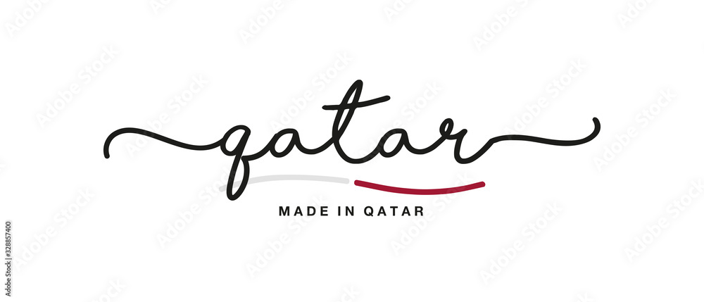 Made in Qatar handwritten calligraphic lettering logo sticker flag ribbon banner