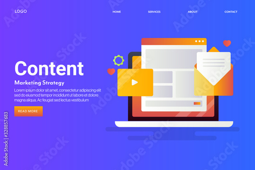 Content strategy, video content and email marketing for audience engagement, social media and blogging concept. Web banner template with text.