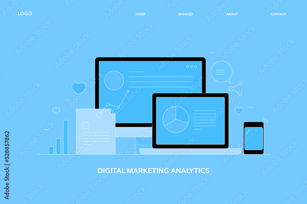Digital marketing analytics, marketing kpi dashboard displaying on computer screen, data analytic app concept. Flat design web banner template.