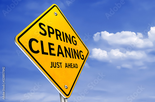Fototapeta Spring Cleaning ahead - roadsign message
