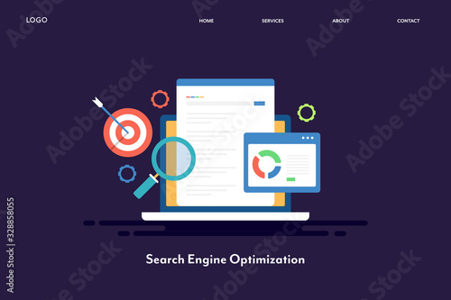 Search engine optimization, website analysis, search engine result page with target audience concept. Web template and landing page banner.