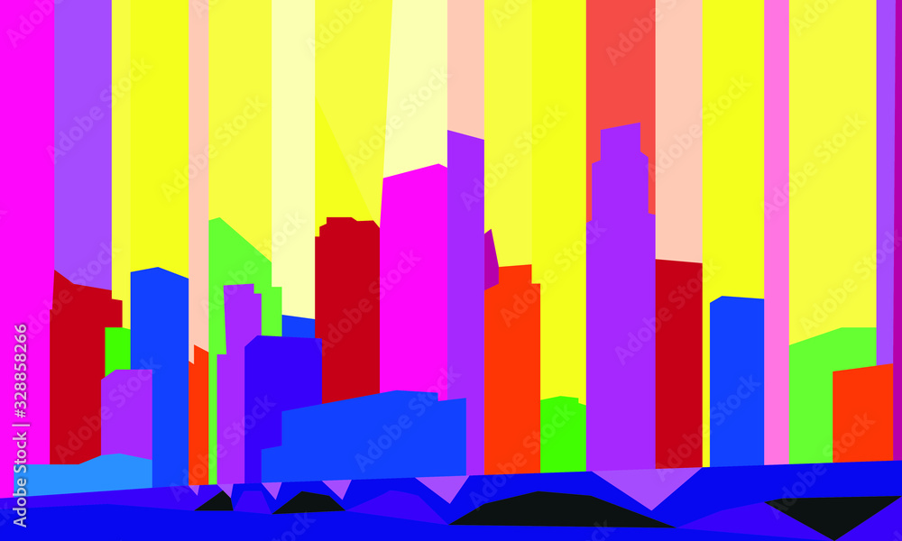 Retro abstract skyline of the skyscrapers of Singapore in bright colors.