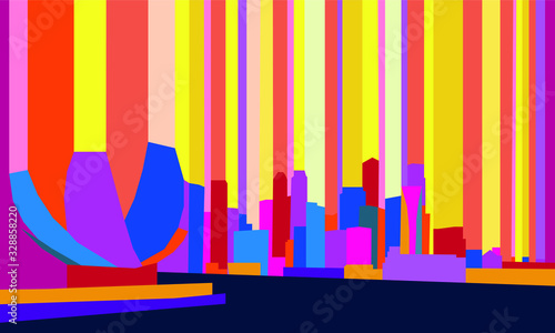 Skyline of Singapore in abstract geometric figures. Bright retro colors.