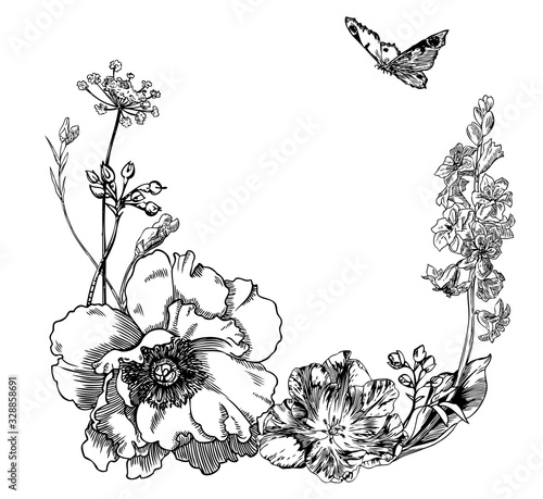Rose, peony, hyacinth and tulip flower frame