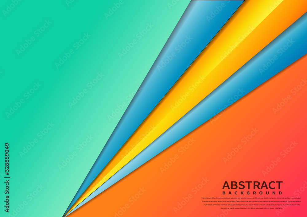Fototapeta Streszczenie tło pomarańczowe szablon geometryczny trójkąt niebieski, żółty i zielony mięty po przekątnej nakładają się z cienia.