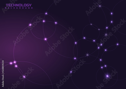 Abstract circles lines and dots connection with overlapping on purple background technology style.