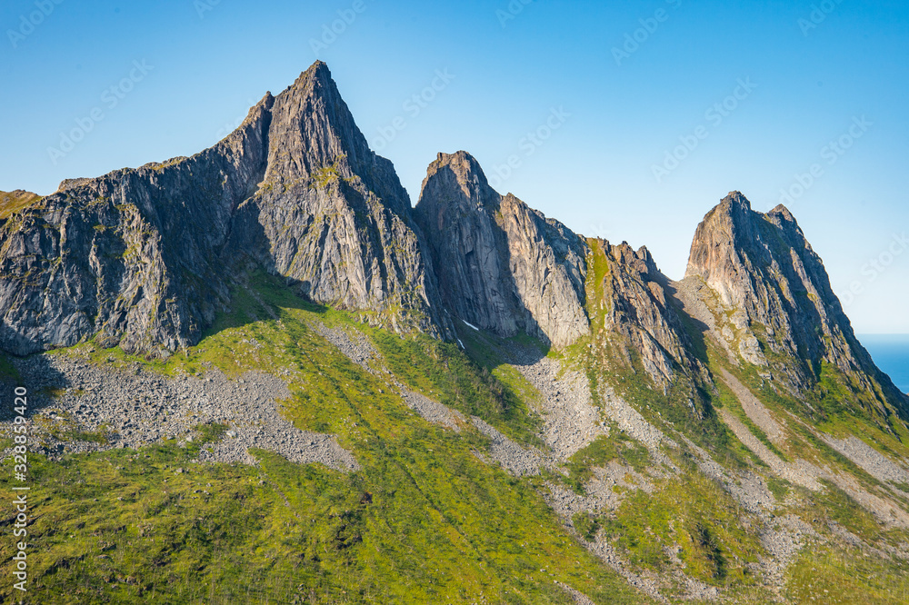 Far view of peaks from Hesten hiking route, Senja Island. 