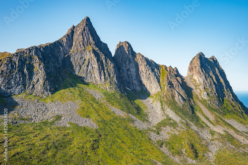 Far view of peaks from Hesten hiking route  Senja Island. 