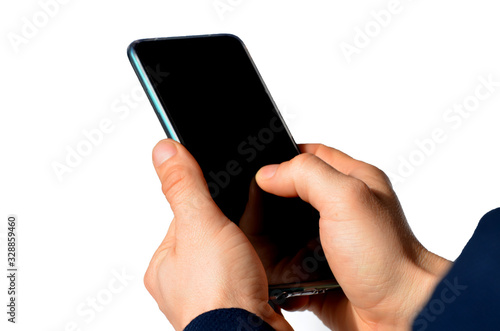 Close-up arm holding mobile phone isolated on white background, business, your text here